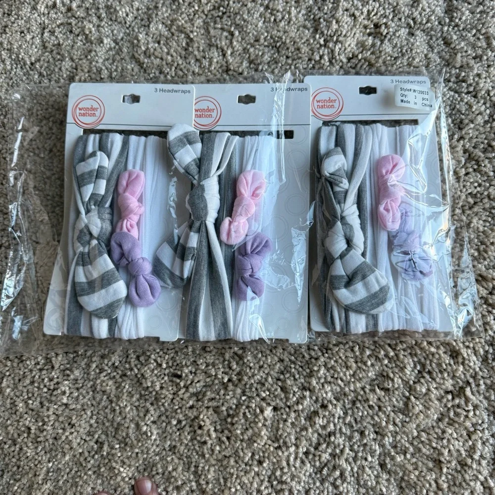 NWT Wonder Nation Infant Headwraps Gray, Pink, Purple 3 Pack Baby